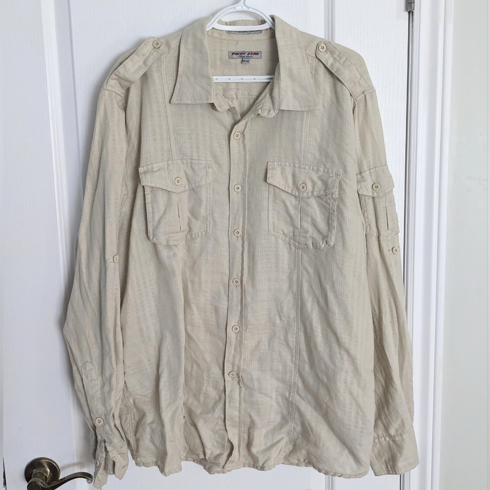 point zero linen blend Beige grey button down shirt XL